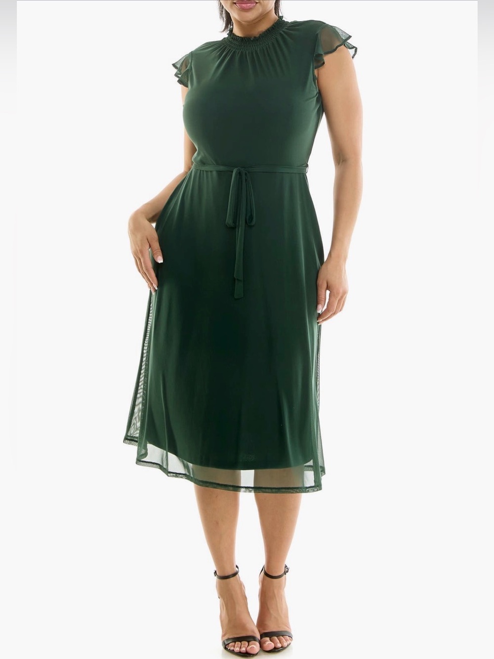 Nina Leonard Flutter Sleeve Mesh Dress – Rich Pine – Size XL